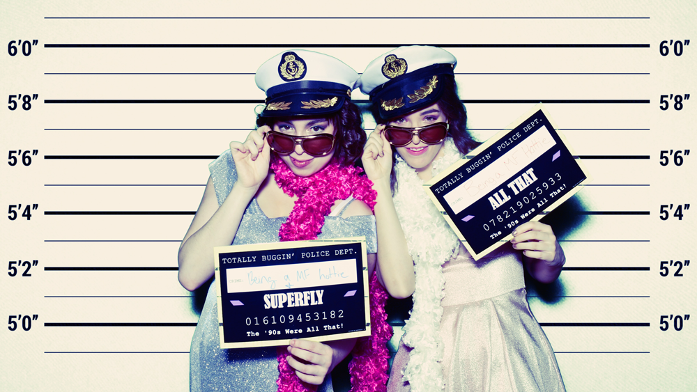 Girls posing in glam booth with vintage filter and police lineup background